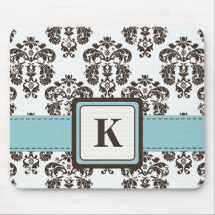 Monogram Blue and Brown Damask Mouse Pad