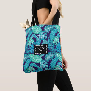 Monogram Blue and Green Tropical Leaves on Black Tote Bag