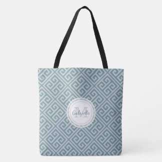 Monogram Blue And Grey Bold Greek Key Motif Tote Bag