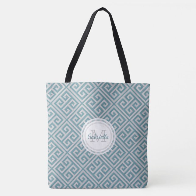 Monogram Blue And Grey Bold Greek Key Motif Tote Bag (Front)