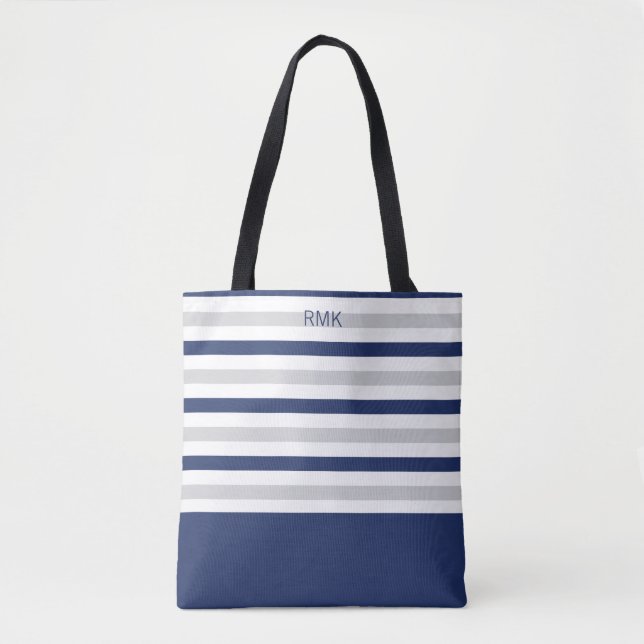 Monogram Blue and Grey Stripe Tote Bag (Front)
