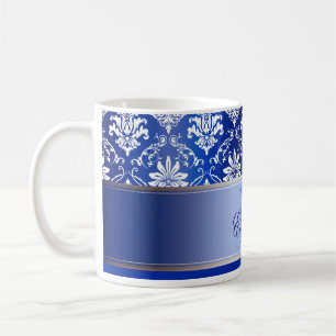 Monogram Blue and White Damask Coffee Mug