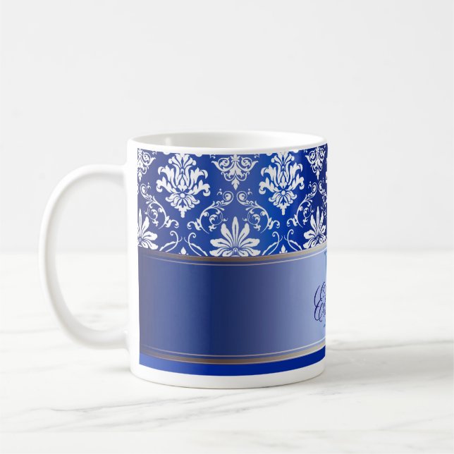 Monogram Blue and White Damask Coffee Mug (Left)