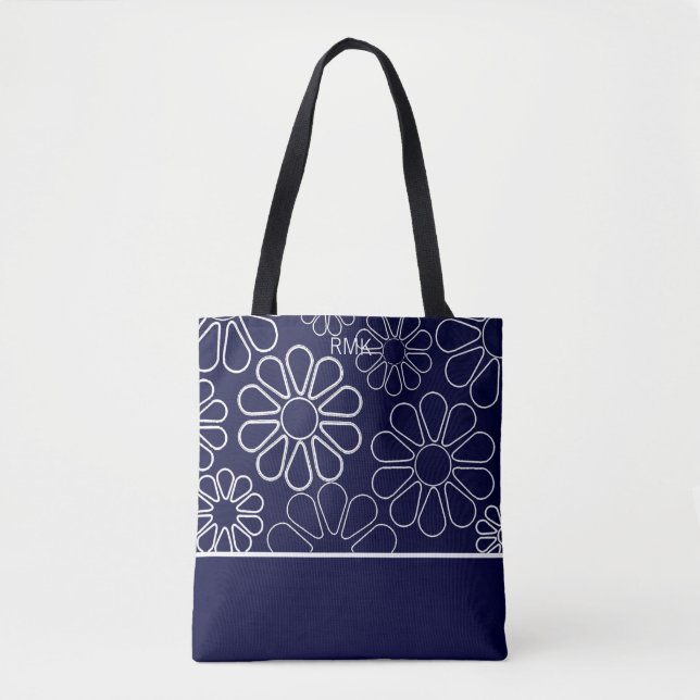 Monogram Blue and White Floral Tote Bag (Front)