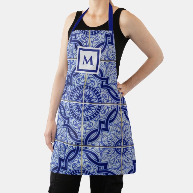 Monogram Blue and White Mediterranean Tile Pattern Apron (Insitu)