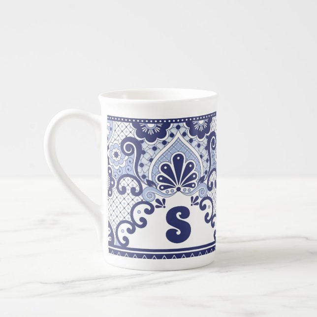 Monogram Blue and White Mexican Talavera Tile Bone China Mug (Left)
