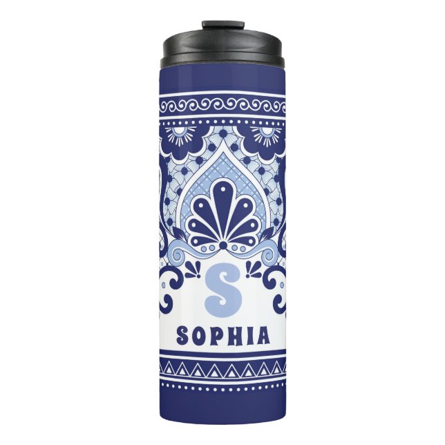 Monogram Blue and White Mexican Talavera Tile Thermal Tumbler (Front)