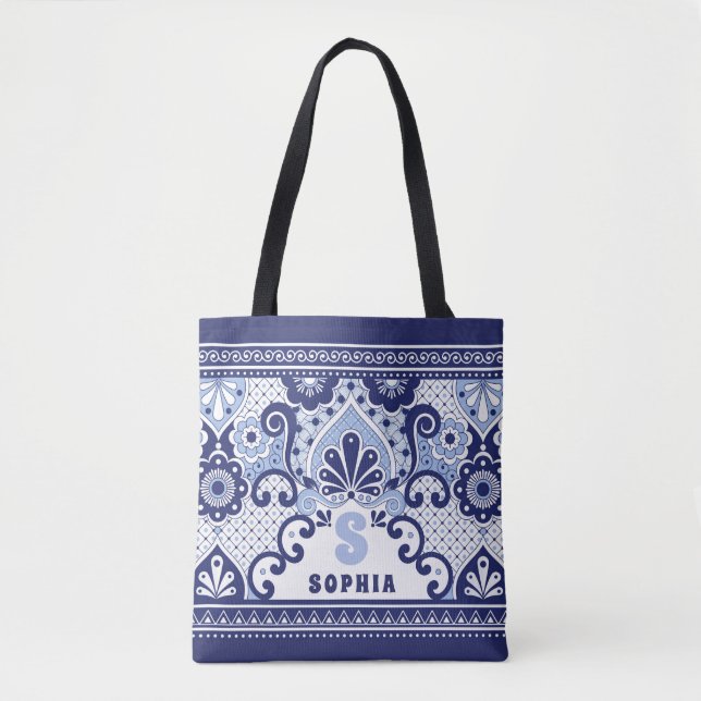 Monogram Blue and White Mexican Talavera Tile Tote Bag (Front)