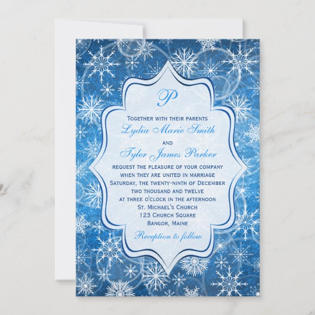 Monogram Blue and White Snowflakes Wedding Invite (Front)