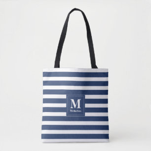 Monogram Blue and White Stripe Tote Bag