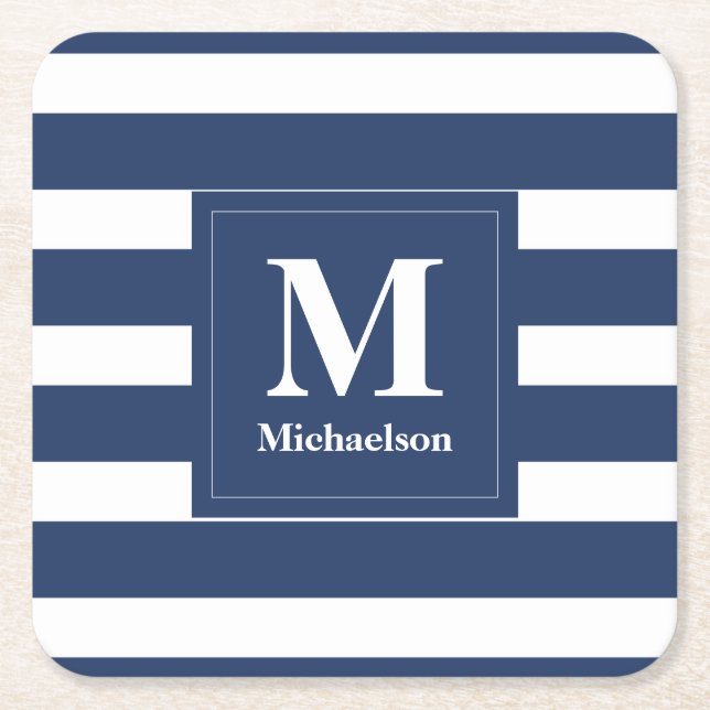 Monogram Blue and White Striped Square Paper Coaster (Front)