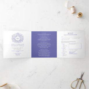 Monogram blue and white wedding Tri-Fold invitation