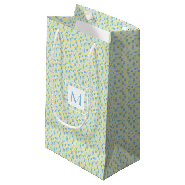 Monogram Blue and Yellow Squares Small Gift Bag (Front Angled)
