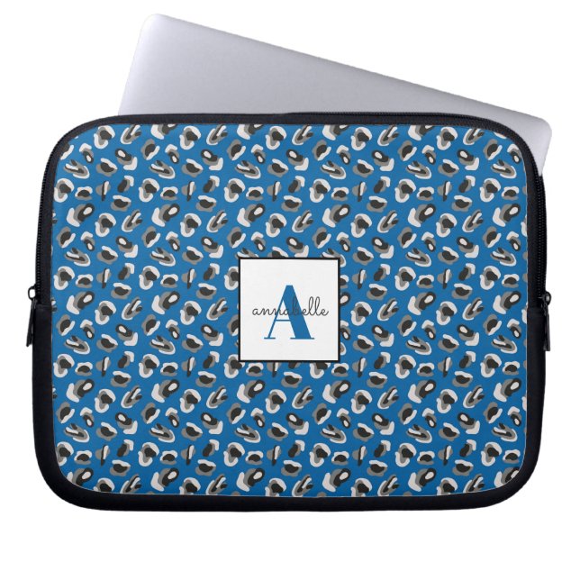 Monogram Blue Animal Leopard Print Personalized Laptop Sleeve (Front)