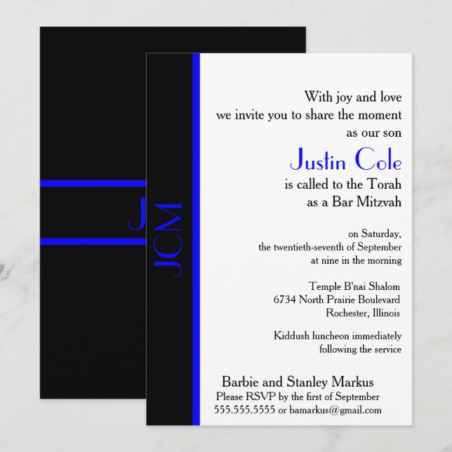 Monogram Blue Black Bar Mitzvah Invitation (Front/Back)