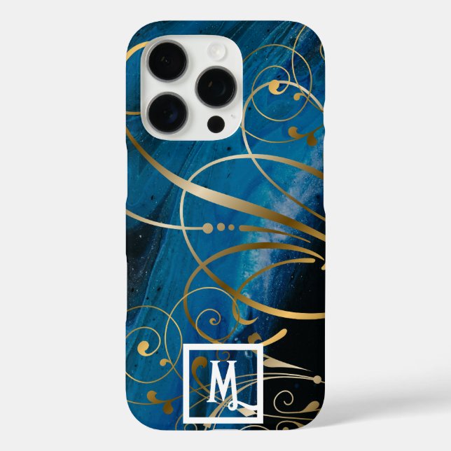 Monogram Blue Black Paint Gold Swirls Flourishes Case-Mate iPhone Case (Back)