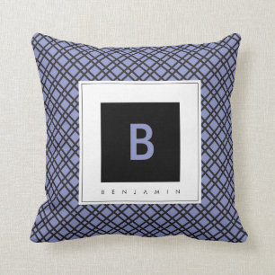 Monogram Blue & Black Plaid Throw Pillow