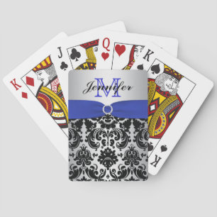 Monogram Blue Black Silver Damask Playing Cards