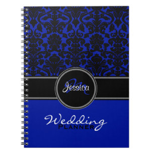Monogram Blue Black White Damask Wedding Planner Notebook