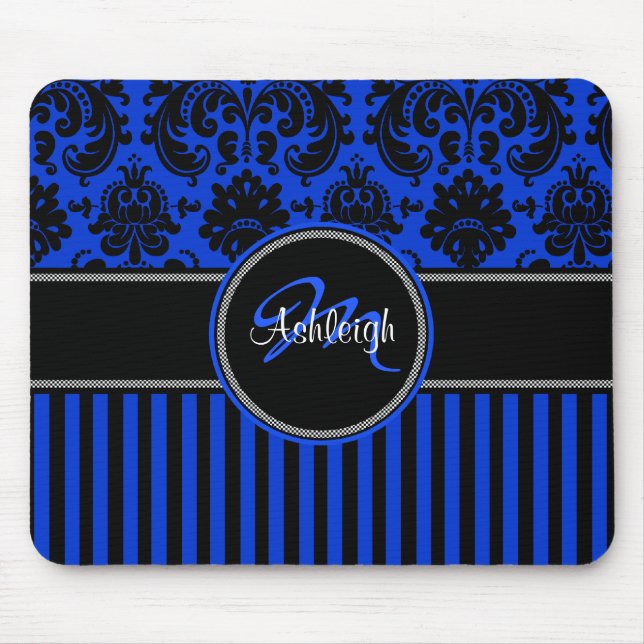 Monogram Blue Black White Stripe Damask Mousepad (Front)