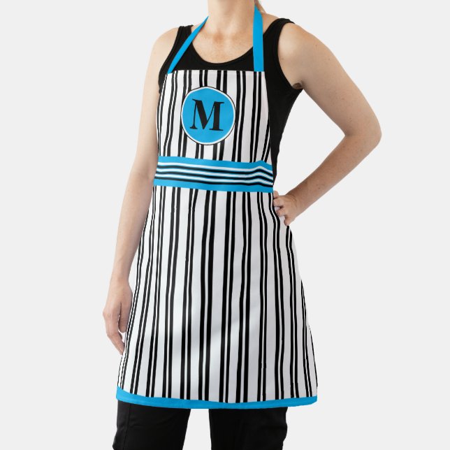 Monogram Blue Black White Stripe Line Pattern Apron (Insitu)