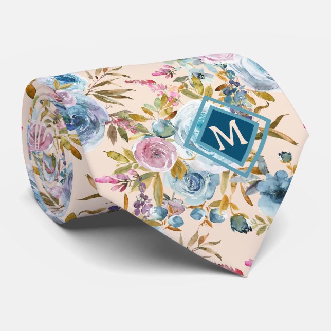 Monogram Blue Blush Pink Floral Watercolor Roses Tie (Rolled)