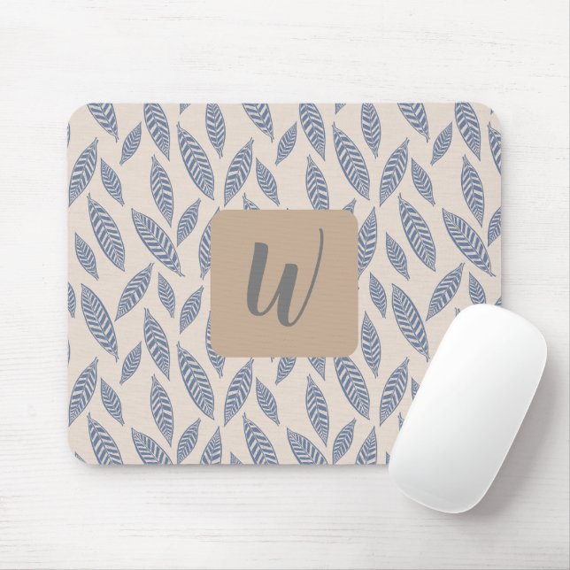 Monogram Blue Botanical Leaves Mouse Pad (With Mouse)