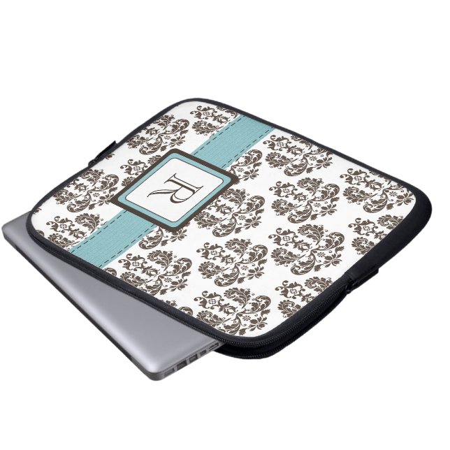 Monogram Blue Brown Damask Laptop Sleeve Bag (Front Bottom)