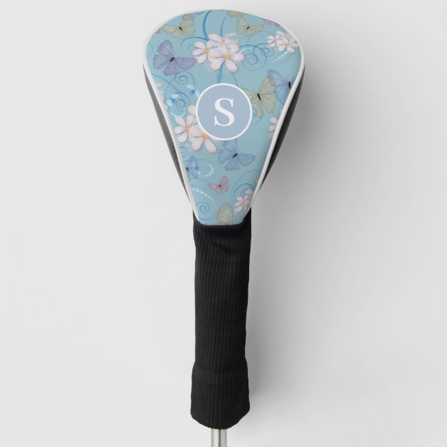 Monogram Blue Butterfly Floral Botanical Golf Head Cover (Front)