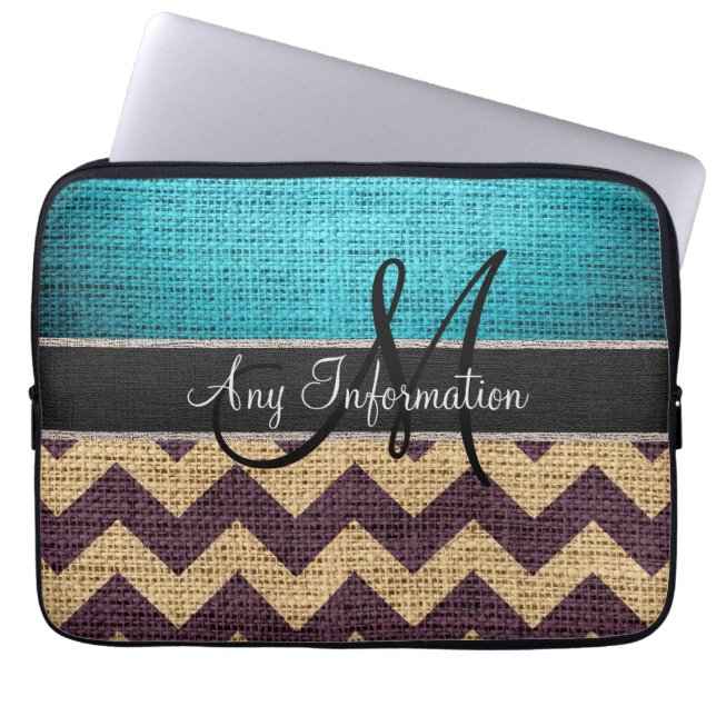 Monogram Blue Chevron Zigzag Burlap Jute Laptop Sleeve (Front)