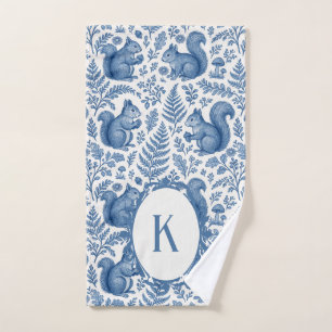 Monogram Blue Chinoiserie Squirrel Woodland Bath Hand Towel