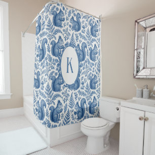 Monogram Blue Chinoiserie Squirrel Woodland Shower Curtain