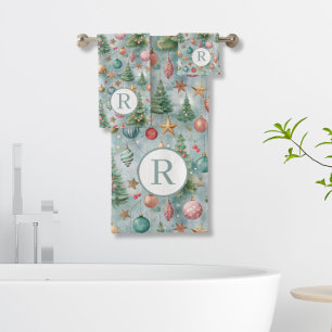 Monogram Blue Christmas Bath Towel Set