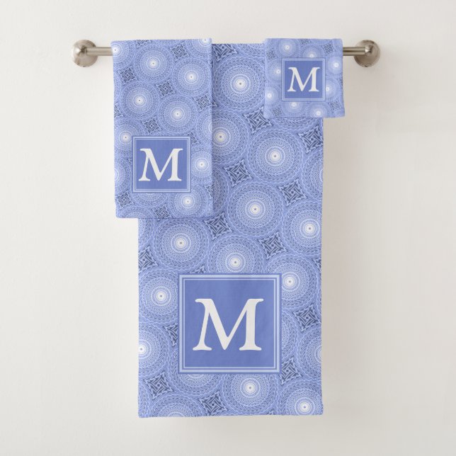 Monogram blue circles pattern bath towel set (Insitu)