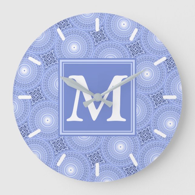 Monogram blue circles pattern large clock (Front)