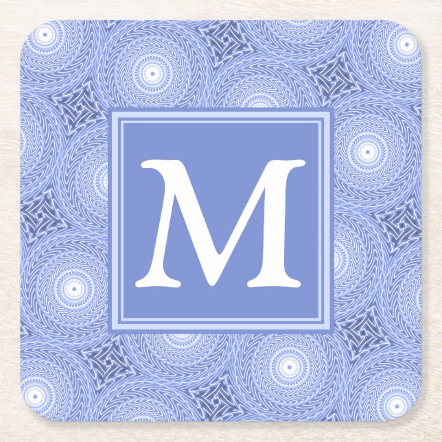 Monogram blue circles pattern square paper coaster (Front)