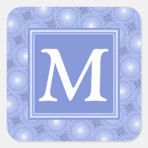 Monogram blue circles pattern square sticker