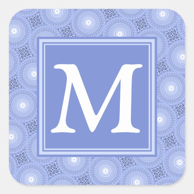 Monogram blue circles pattern square sticker (Front)