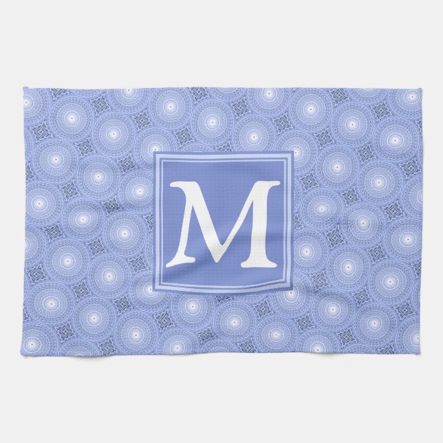 Monogram blue circles pattern tea towel (Horizontal)