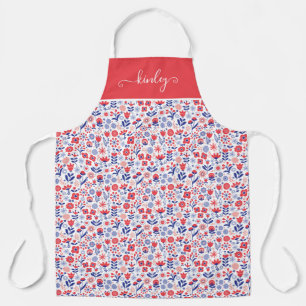 Monogram   Blue & Coral Floral Pattern Apron