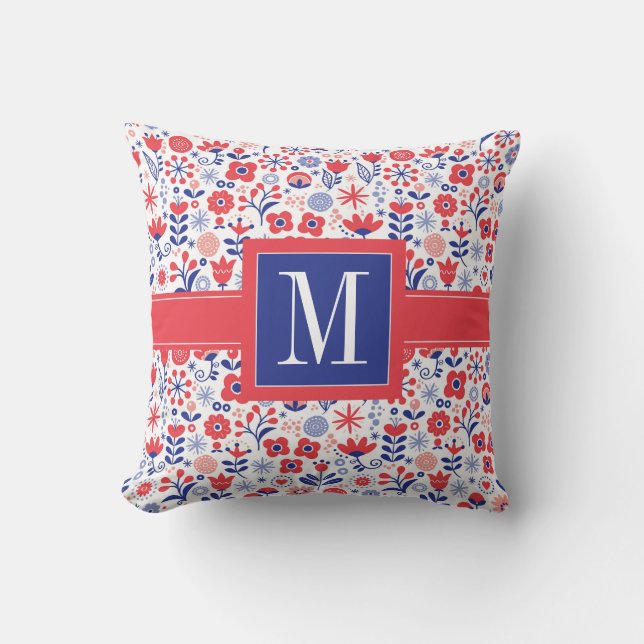 Monogram | Blue & Coral Floral Pattern Cushion (Front)