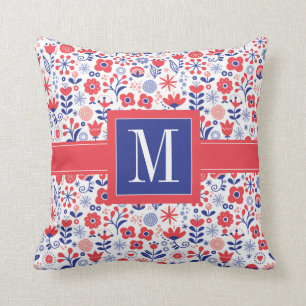 Monogram Blue & Coral Floral Pattern Cushion