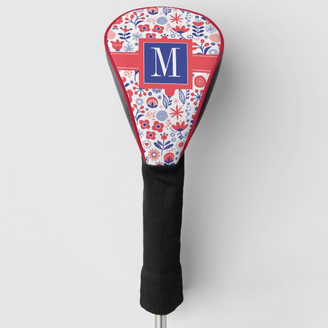 Monogram | Blue & Coral Floral Pattern Golf Head Cover (Front)