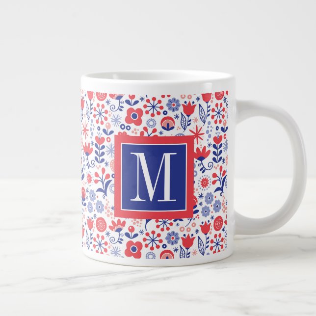 Monogram | Blue & Coral Floral Pattern Large Coffee Mug (Right)