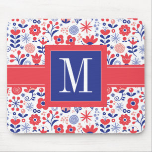 Monogram Blue & Coral Floral Pattern Mouse Mat
