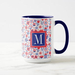 Monogram Blue & Coral Floral Pattern Mug