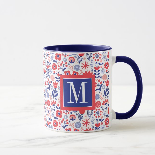 Monogram | Blue & Coral Floral Pattern Mug (Right)