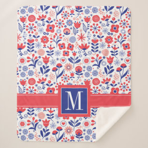 Monogram Blue & Coral Floral Pattern Sherpa Blanket