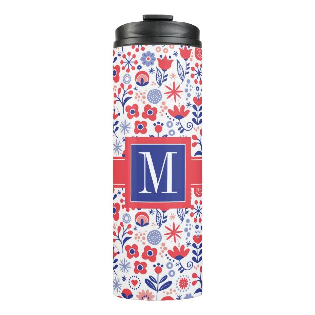 Monogram | Blue & Coral Floral Pattern Thermal Tumbler (Front)