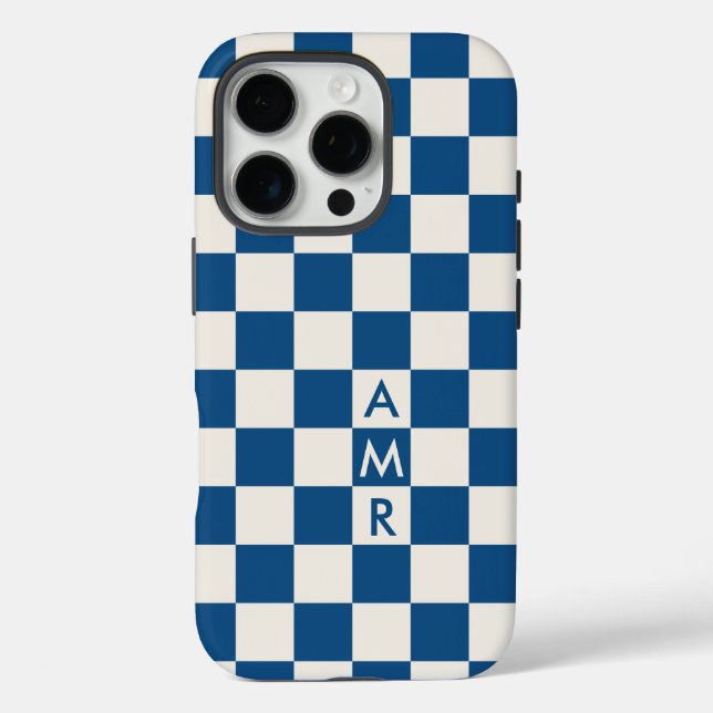 Monogram Blue Cream Chequered Pattern Case-Mate iPhone Case (Back)